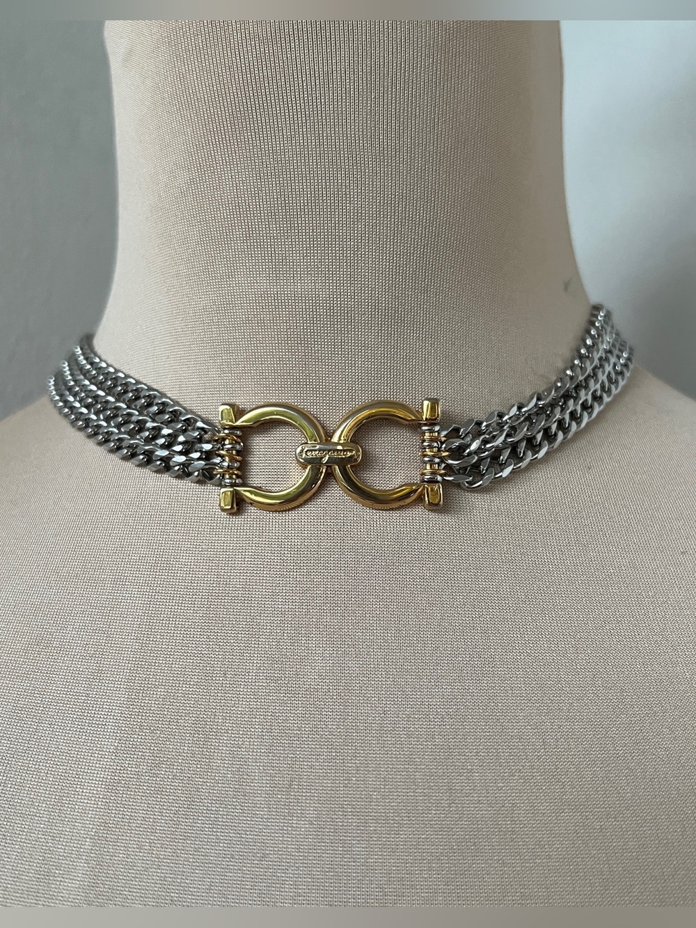Custom Vintage Salvatore Ferragamo Horsebit Two-tone Choker Necklace 15-16.5”